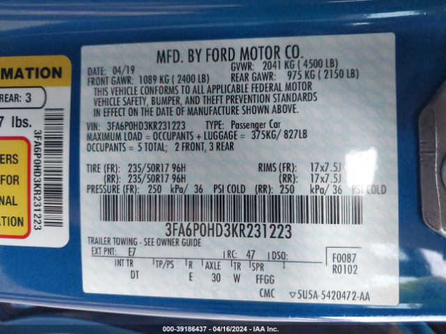 Photo 8 VIN: 3FA6P0HD3KR231223 - FORD FUSION 