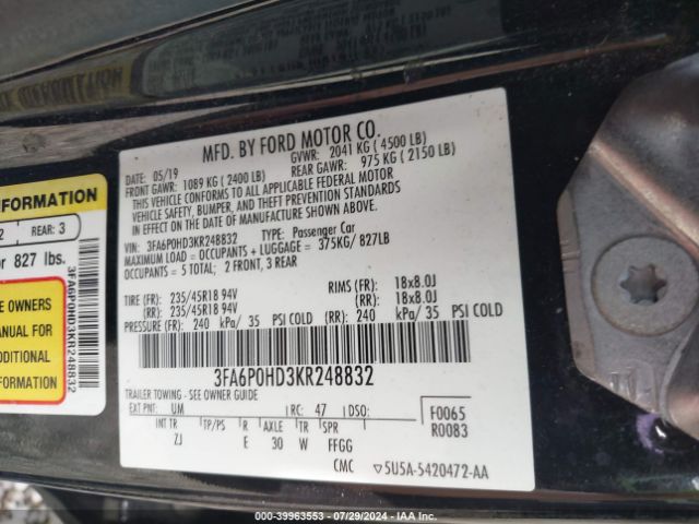 Photo 8 VIN: 3FA6P0HD3KR248832 - FORD FUSION 