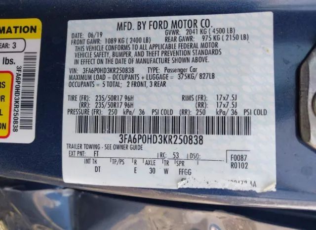 Photo 8 VIN: 3FA6P0HD3KR250838 - FORD FUSION 