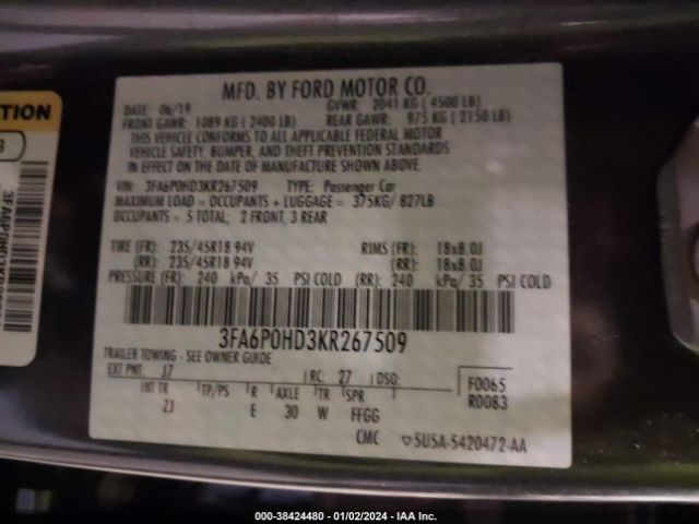 Photo 8 VIN: 3FA6P0HD3KR267509 - FORD FUSION 