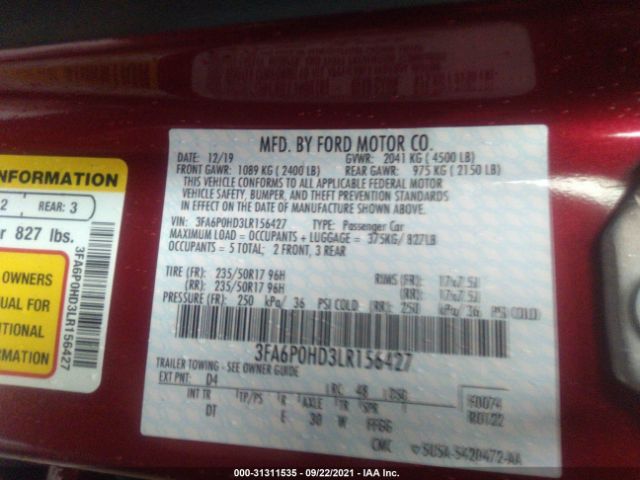 Photo 8 VIN: 3FA6P0HD3LR156427 - FORD FUSION 