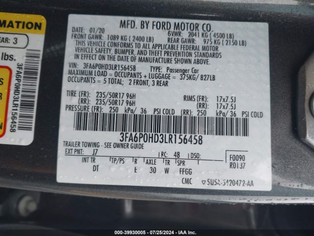 Photo 8 VIN: 3FA6P0HD3LR156458 - FORD FUSION 