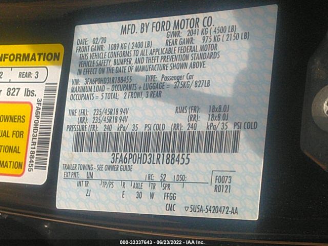 Photo 8 VIN: 3FA6P0HD3LR188455 - FORD FUSION 