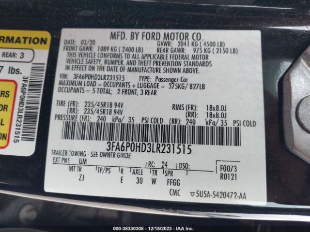 Photo 8 VIN: 3FA6P0HD3LR231515 - FORD FUSION 