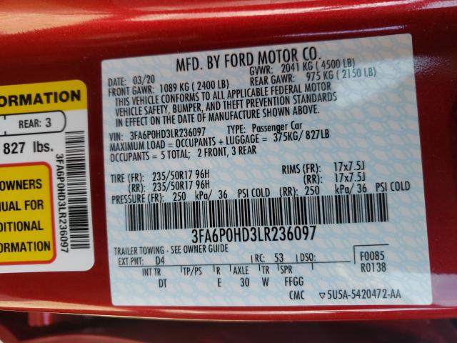 Photo 9 VIN: 3FA6P0HD3LR236097 - FORD FUSION SE 