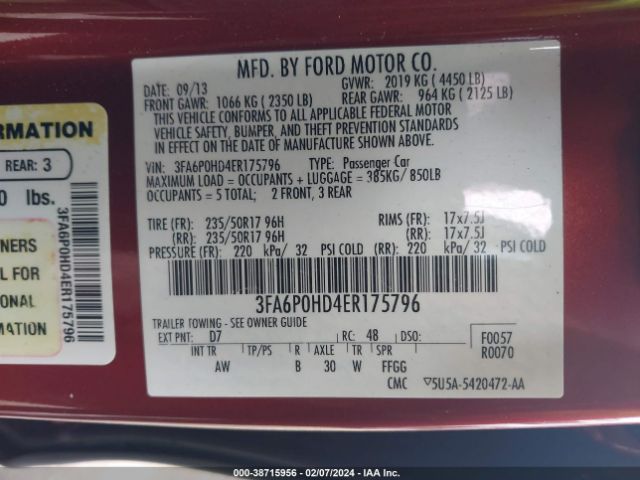 Photo 8 VIN: 3FA6P0HD4ER175796 - FORD FUSION 