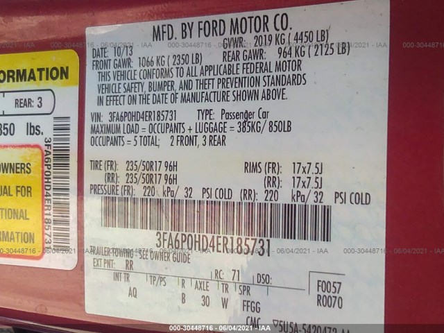 Photo 8 VIN: 3FA6P0HD4ER185731 - FORD FUSION 