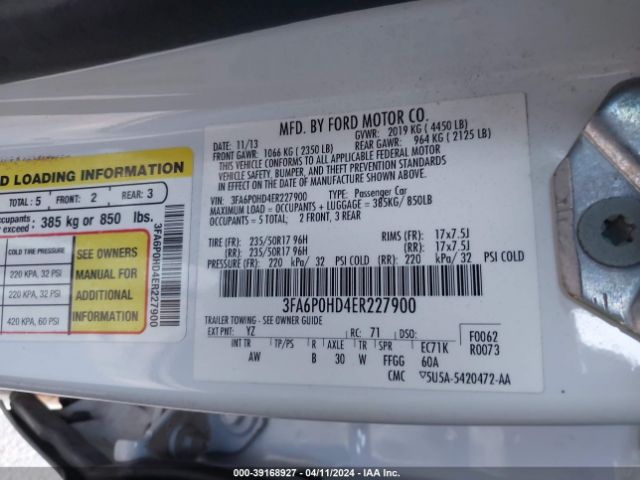 Photo 8 VIN: 3FA6P0HD4ER227900 - FORD FUSION 