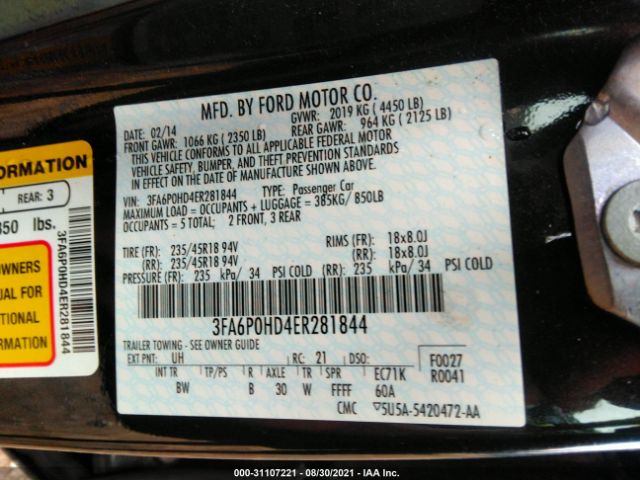 Photo 8 VIN: 3FA6P0HD4ER281844 - FORD FUSION 