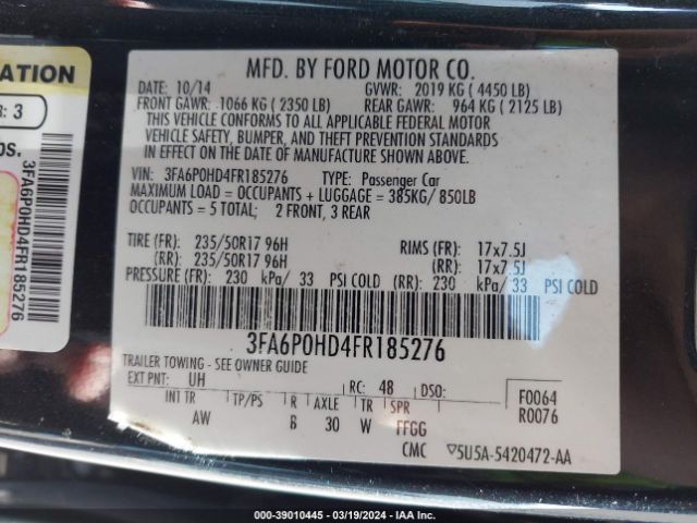 Photo 8 VIN: 3FA6P0HD4FR185276 - FORD FUSION 