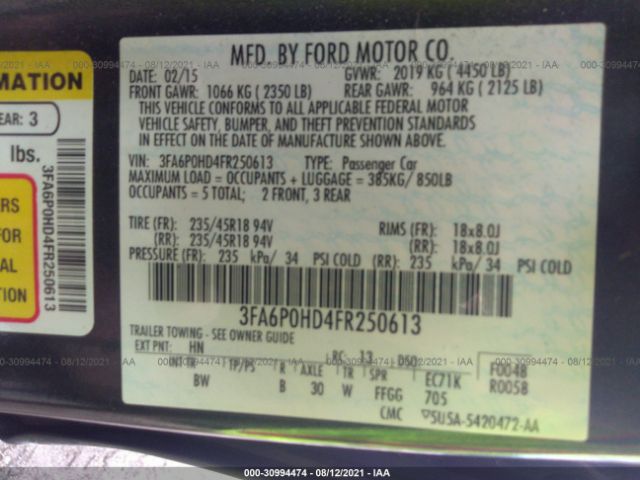 Photo 8 VIN: 3FA6P0HD4FR250613 - FORD FUSION 