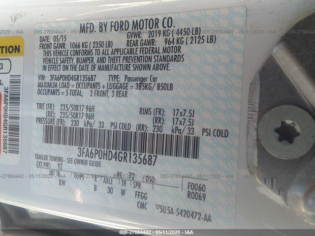 Photo 8 VIN: 3FA6P0HD4GR135687 - FORD FUSION 