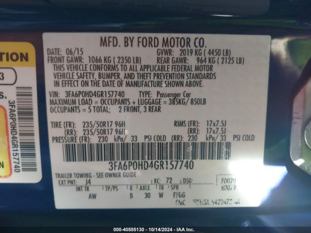 Photo 8 VIN: 3FA6P0HD4GR157740 - FORD FUSION 