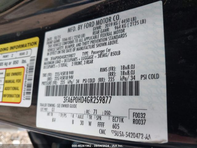 Photo 8 VIN: 3FA6P0HD4GR259877 - FORD FUSION 