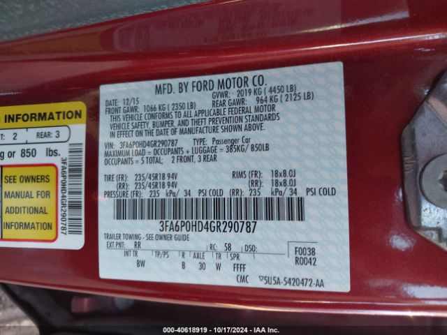 Photo 8 VIN: 3FA6P0HD4GR290787 - FORD FUSION 