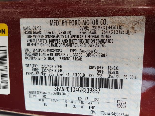 Photo 9 VIN: 3FA6P0HD4GR339857 - FORD FUSION SE 