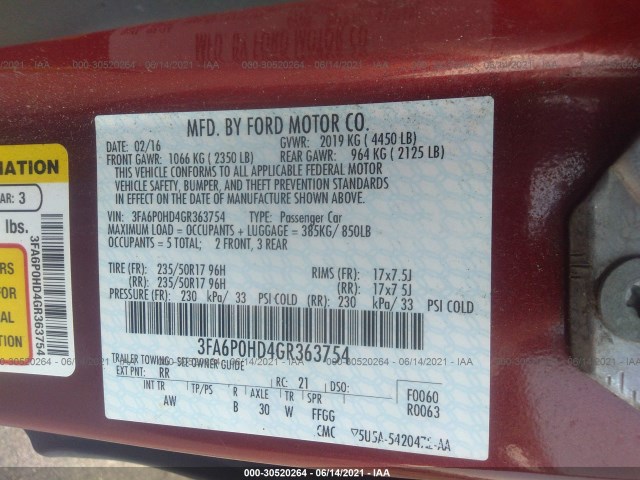 Photo 8 VIN: 3FA6P0HD4GR363754 - FORD FUSION 