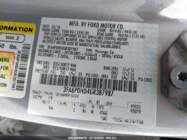 Photo 8 VIN: 3FA6P0HD4GR387987 - FORD FUSION 