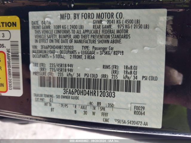 Photo 8 VIN: 3FA6P0HD4HR120303 - FORD FUSION 