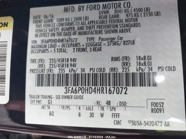 Photo 8 VIN: 3FA6P0HD4HR167072 - FORD FUSION 