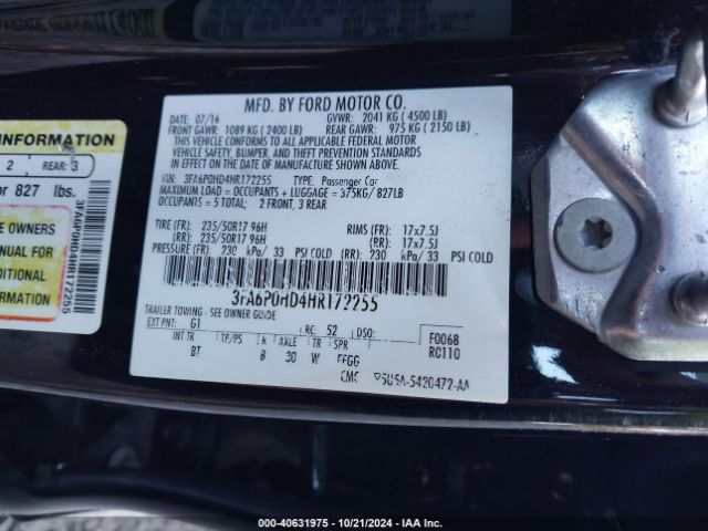 Photo 8 VIN: 3FA6P0HD4HR172255 - FORD FUSION 