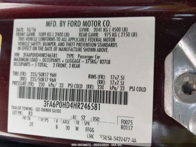 Photo 8 VIN: 3FA6P0HD4HR246581 - FORD FUSION 