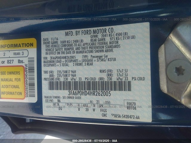 Photo 8 VIN: 3FA6P0HD4HR262005 - FORD FUSION 