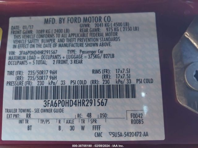 Photo 8 VIN: 3FA6P0HD4HR291567 - FORD FUSION 