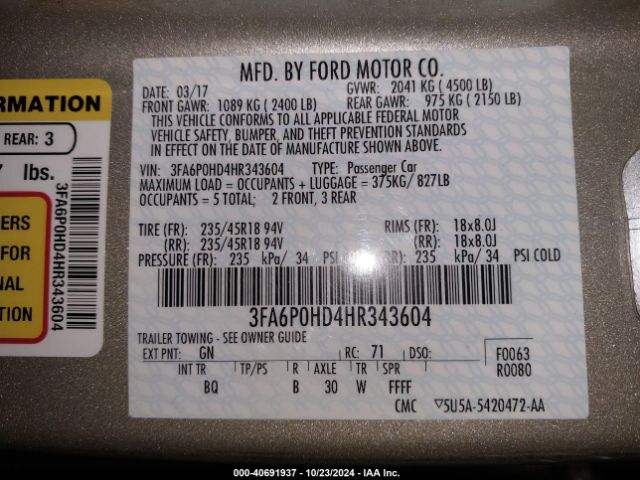 Photo 8 VIN: 3FA6P0HD4HR343604 - FORD FUSION 