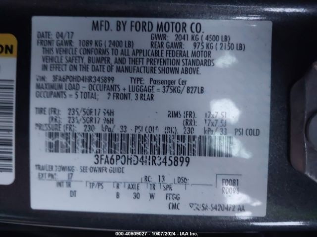 Photo 8 VIN: 3FA6P0HD4HR345899 - FORD FUSION 