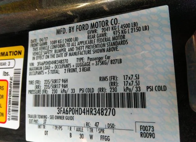 Photo 8 VIN: 3FA6P0HD4HR348270 - FORD FUSION 