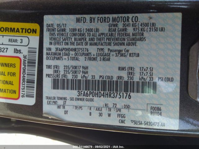 Photo 8 VIN: 3FA6P0HD4HR375176 - FORD FUSION 