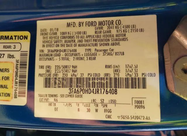 Photo 8 VIN: 3FA6P0HD4JR176408 - FORD FUSION 