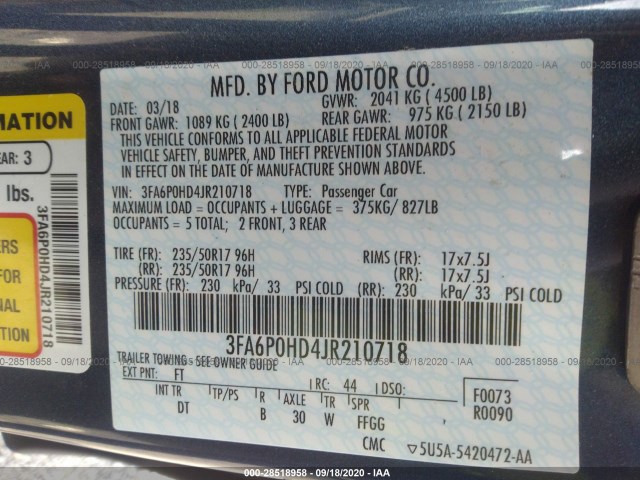 Photo 8 VIN: 3FA6P0HD4JR210718 - FORD FUSION 