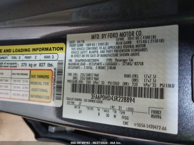 Photo 8 VIN: 3FA6P0HD4JR228894 - FORD FUSION 