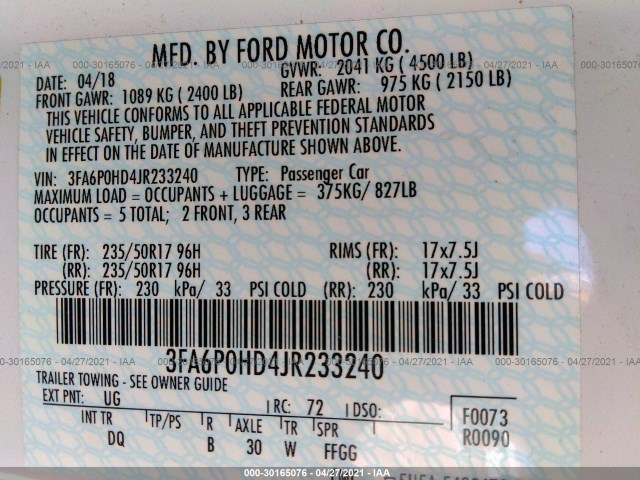 Photo 8 VIN: 3FA6P0HD4JR233240 - FORD FUSION 