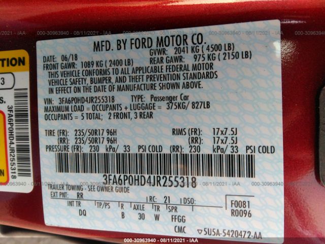 Photo 8 VIN: 3FA6P0HD4JR255318 - FORD FUSION 