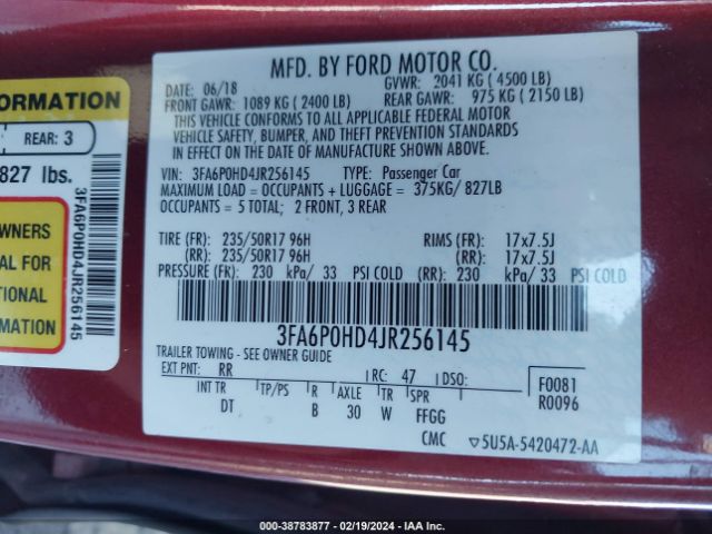 Photo 8 VIN: 3FA6P0HD4JR256145 - FORD FUSION 