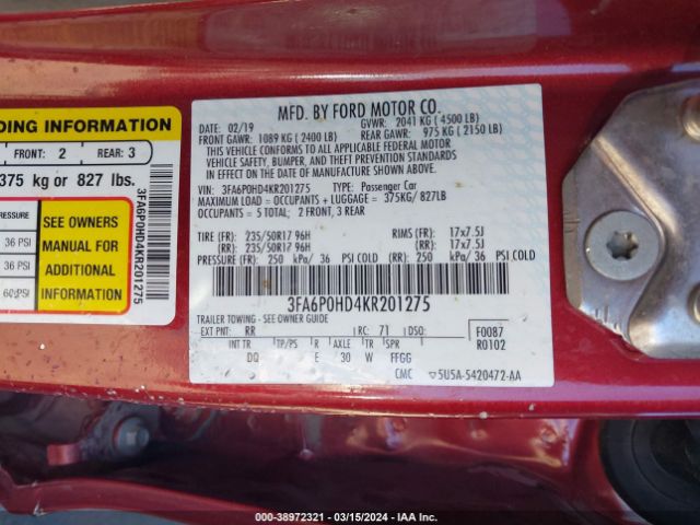 Photo 8 VIN: 3FA6P0HD4KR201275 - FORD FUSION 