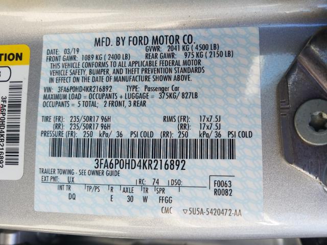 Photo 9 VIN: 3FA6P0HD4KR216892 - FORD FUSION SE 