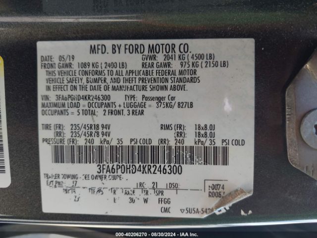 Photo 8 VIN: 3FA6P0HD4KR246300 - FORD FUSION 