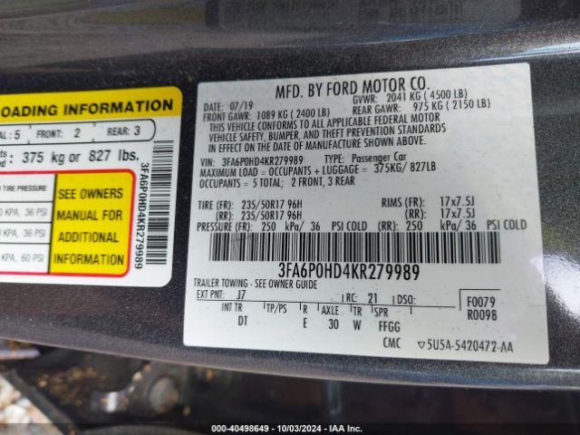 Photo 8 VIN: 3FA6P0HD4KR279989 - FORD FUSION 