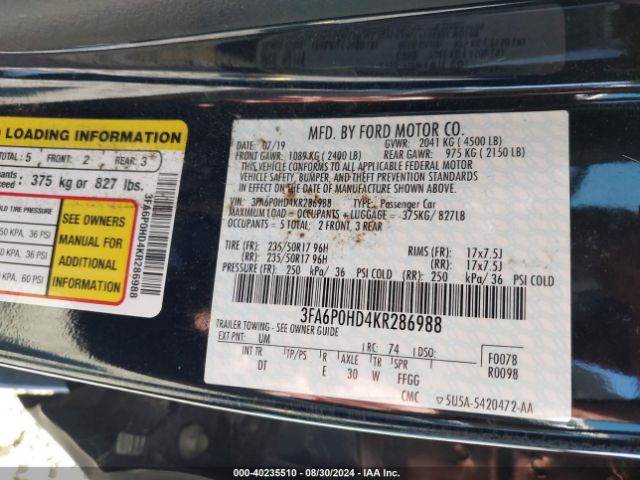 Photo 8 VIN: 3FA6P0HD4KR286988 - FORD FUSION 