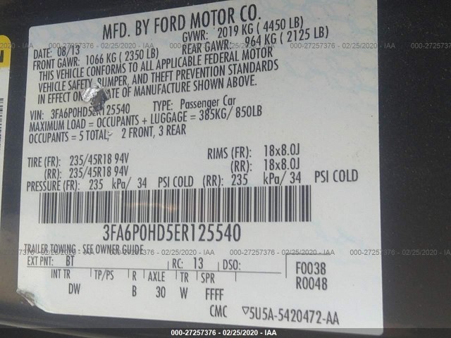 Photo 8 VIN: 3FA6P0HD5ER125540 - FORD FUSION 