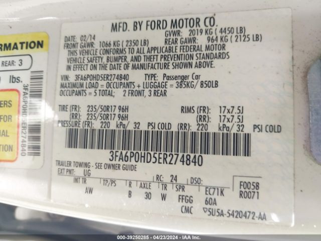 Photo 8 VIN: 3FA6P0HD5ER274840 - FORD FUSION 