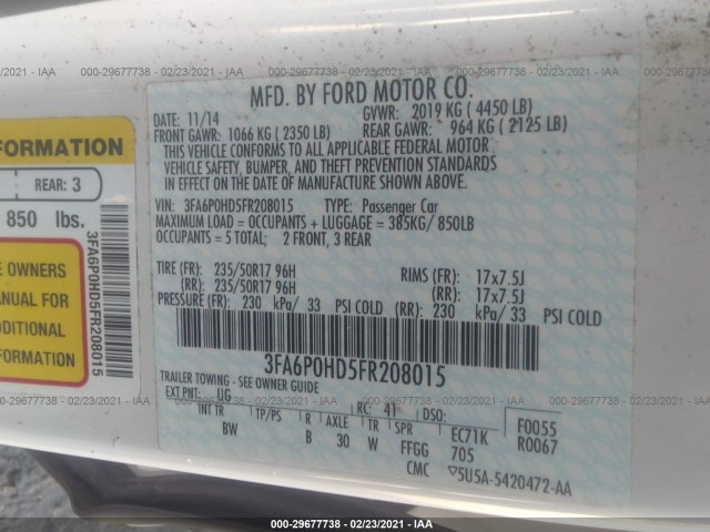 Photo 8 VIN: 3FA6P0HD5FR208015 - FORD FUSION 