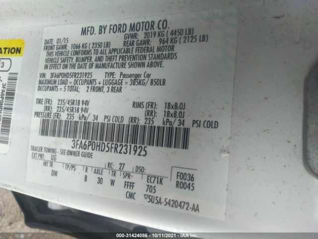 Photo 8 VIN: 3FA6P0HD5FR231925 - FORD FUSION 