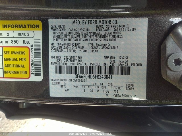 Photo 8 VIN: 3FA6P0HD5FR243041 - FORD FUSION 