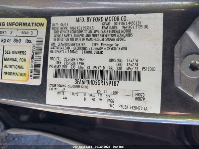 Photo 8 VIN: 3FA6P0HD5GR159187 - FORD FUSION 