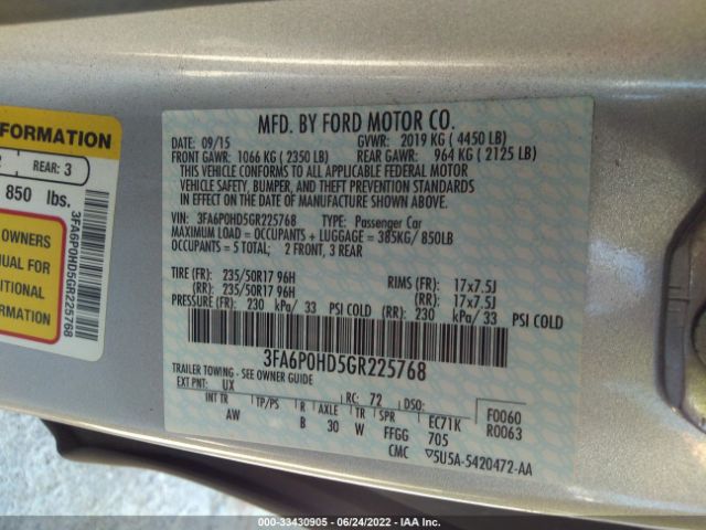 Photo 8 VIN: 3FA6P0HD5GR225768 - FORD FUSION 